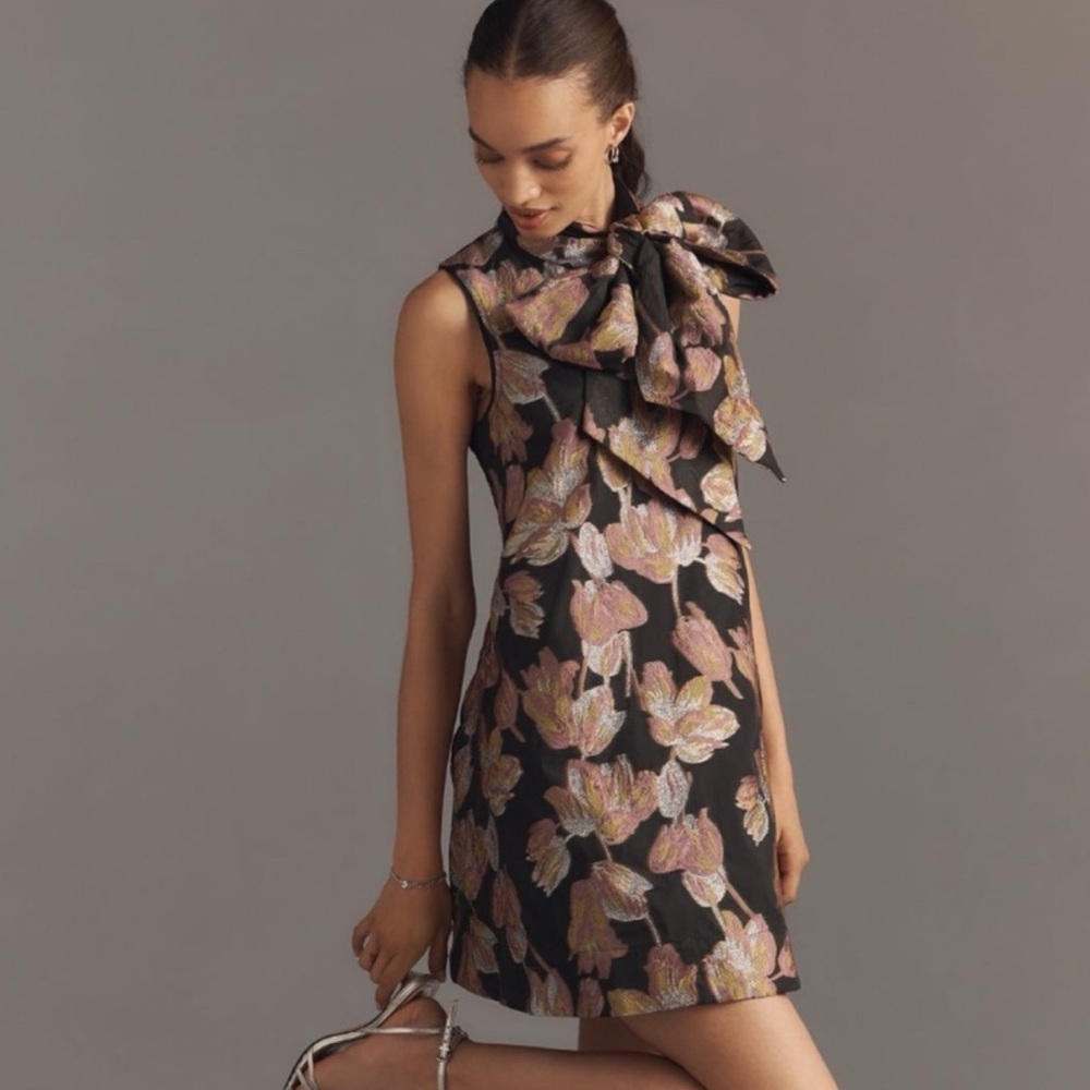 Anthropologie Maeve The Caroline Sleeveless Tie-Neck Jacquard Mini Dress